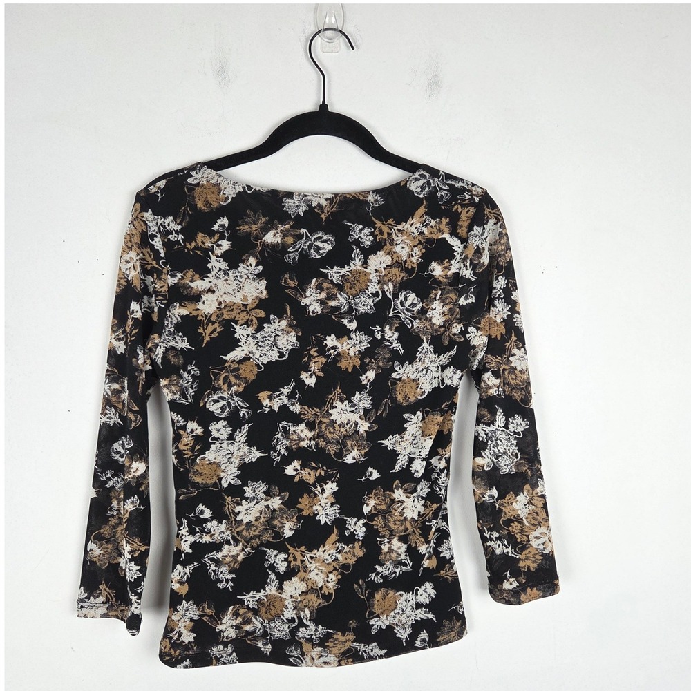 Vtg Rena Rowan Floral Mesh Top Black Brown White 3/4 Sleeve Top S Whimsigoth Y2K - Picture 3 of 8